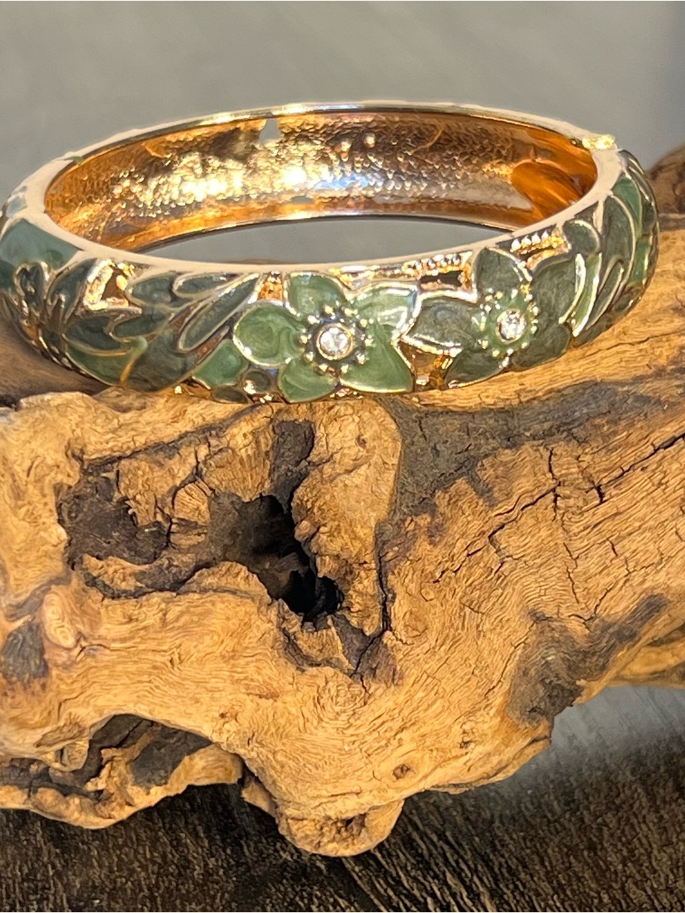 Enamel Flower Green and Gold Cloisonne Chunky Floral Bangle Bracelet Boho Y2k